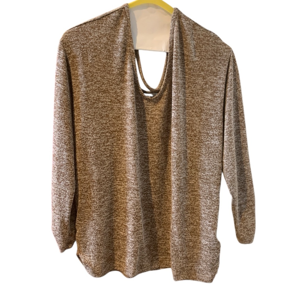 A.U.W v-neck marbled brown tan sweater large x design criss cross ruched cinched
